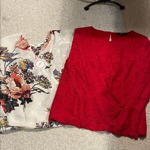 Tahari Red Lace and Floral Blouse Duo